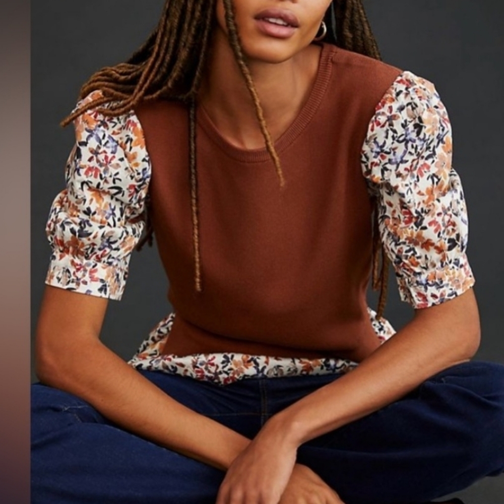 Anthropologie Layered Poplin Sleeve Floral Knit Top